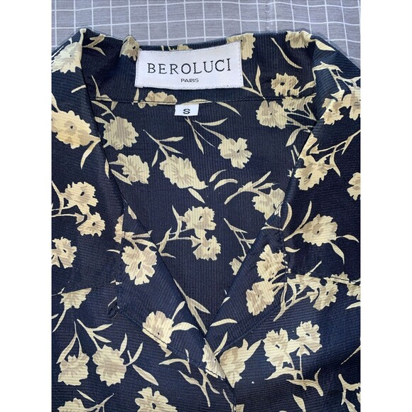 Beroluci of Paris 100% Silk Women's Sport Btn Blouse Dark Blue Tan Floral SMALL - Picture 7 of 10